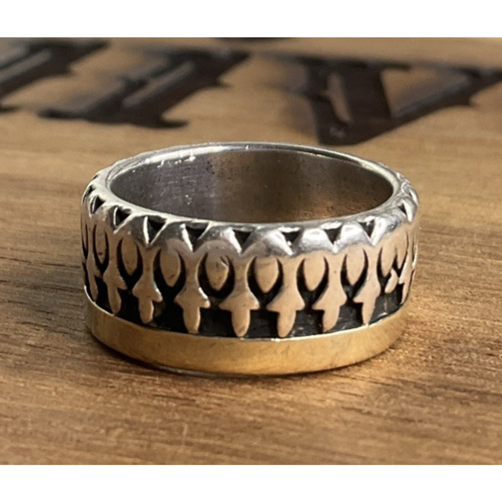 Vintage Egyptian Ankh Sterling Silver & 14K Band Ring Wide Band Size 5.5
